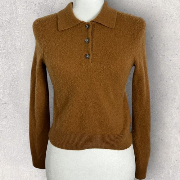 Aritzia 100% Cashmere Brown Polo Sweater Womens Size Medium Chestnut Knit Boho M - Picture 8 of 16